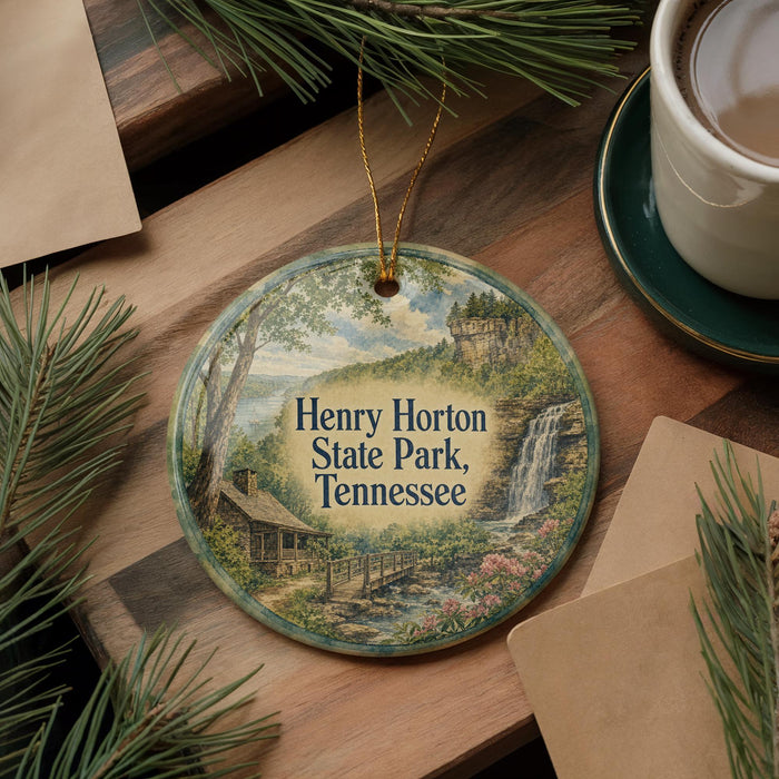 A round ornament with a scenic image of Henry Horton State Park, Tennessee, hanging on a wooden surface.