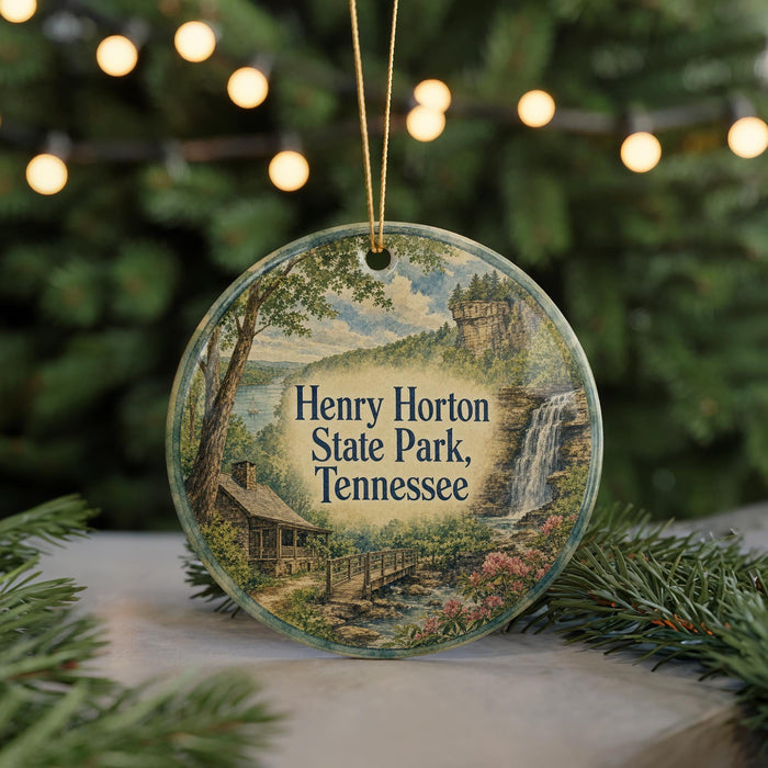 A round ornament with a scenic image of Henry Horton State Park, Tennessee, featuring a waterfall, cabin, and forest.