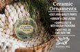 Ceramic ornaments, featuring a detailed illustration of a house and a bridge, are displayed in a wicker basket.