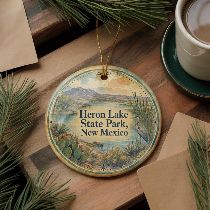 A decorative ornament with a scenic landscape of Heron Lake State Park, New Mexico, featuring a heron and cacti in the foreground.
