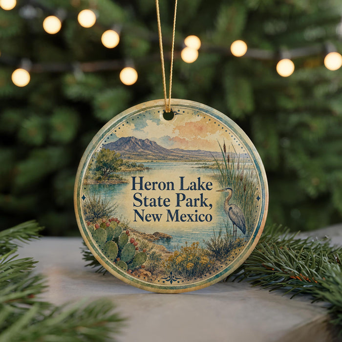 A round ornament with a scenic landscape of a lake, mountains, and a heron, hanging from a string.