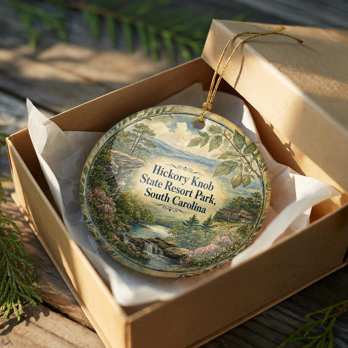 A decorative ornament in a wooden box, featuring a scenic landscape with a waterfall and lush greenery.