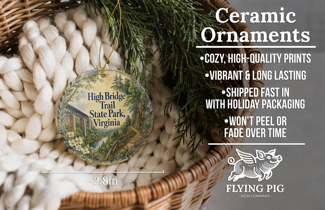 Ceramic ornaments, featuring a detailed illustration of High Bridge Trail State Park, Virginia, hanging from a wicker basket.