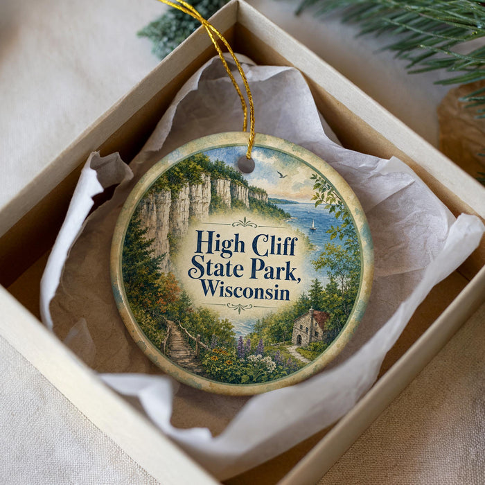 A decorative ornament in a box, featuring a scenic landscape with cliffs, trees, and a lake.