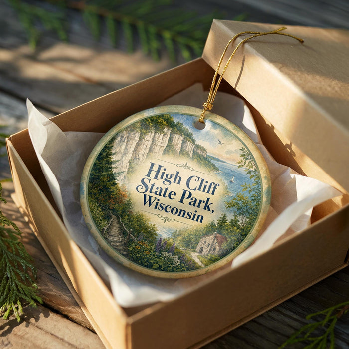 A decorative ornament in a wooden box, featuring a scenic landscape with a cliff and a lake, with the text "High Cliff State Park, Wisconsin" printed on it.