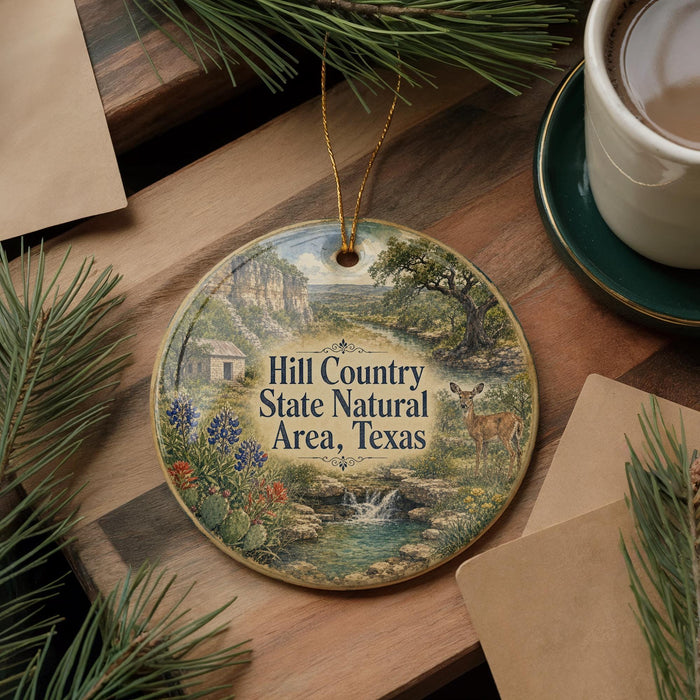A decorative ornament featuring a scenic landscape with a stream, trees, and wildlife, including a deer, is displayed on a wooden surface alongside a cup of coffee and some pine branches.