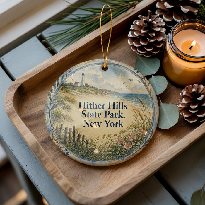 A wooden tray with a decorative ornament featuring a lighthouse and a beach scene, along with pine cones and a lit candle.