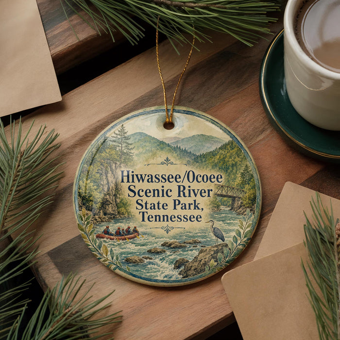 A decorative ornament with a scenic river landscape and text, hanging on a wooden surface next to a cup of coffee and pine branches.