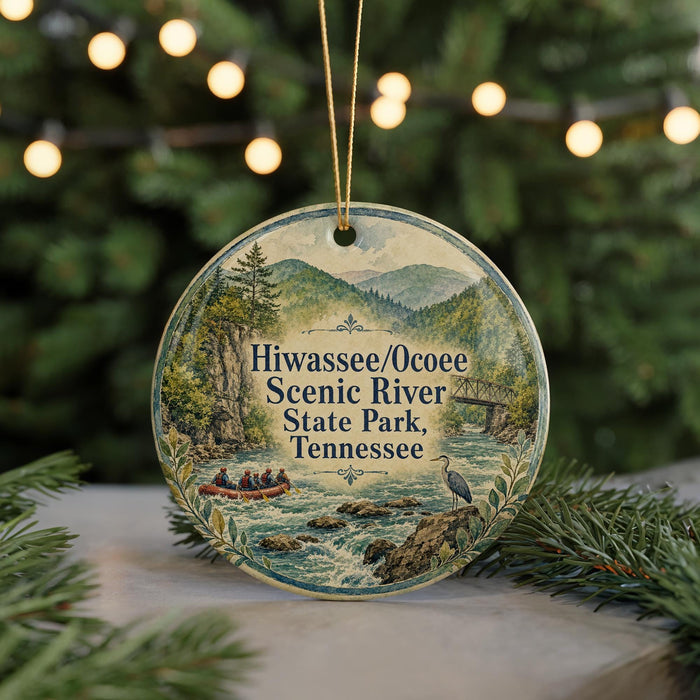 A round ornament with a scenic river landscape and people in a boat, hanging on a string.