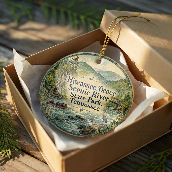 A decorative ornament in a wooden box, featuring a scenic image of the Hwassee River and Tennessee State Park.