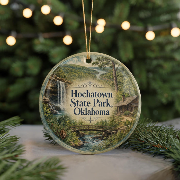 A round ornament with a scenic image of Hochatown State Park, Oklahoma, featuring a waterfall, cabin, and bridge.