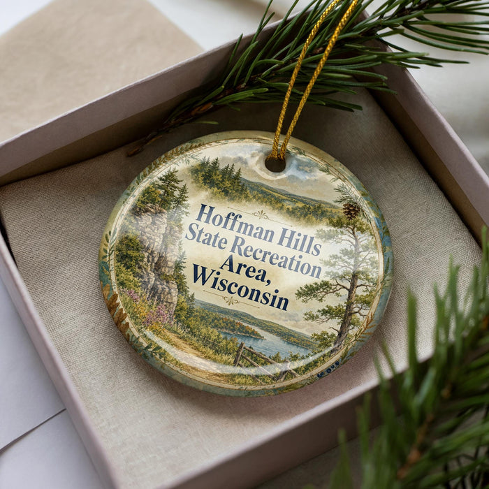 A round ornament with a scenic landscape of Hoffman Hills State Recreation Area, Wisconsin, displayed in a box with pine branches.