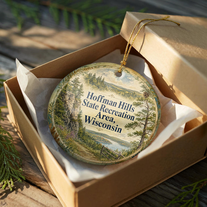 A round ornament in a wooden box, featuring a scenic landscape with trees and a body of water.
