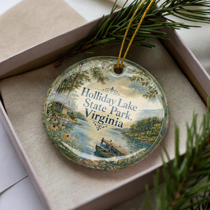 A decorative ornament with a scenic lake and forest landscape, featuring the text "Holliday Lake State Park, Virginia".