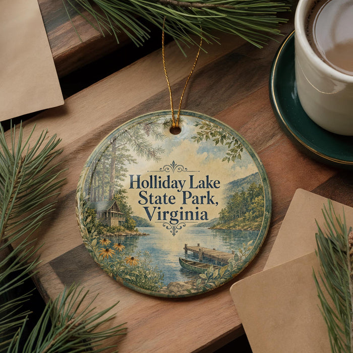 A round ornament with a scenic image of Holliday Lake State Park, Virginia, hangs on a wooden surface. The ornament is surrounded by pine branches and a cup of coffee, creating a cozy and festive atmosphere.