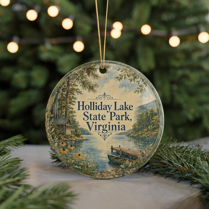 A round ornament with a scenic image of Holliday Lake State Park, Virginia, hanging from a string.