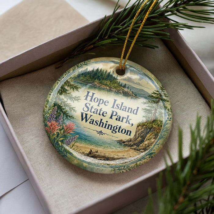 A decorative ornament in a box, featuring a scenic landscape of Hope Island State Park in Washington.