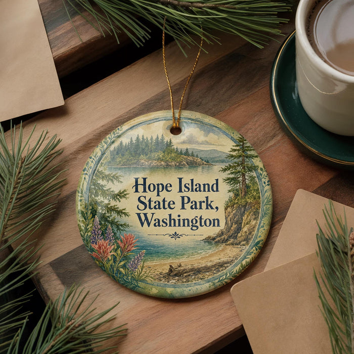 A decorative ornament with the text "Hope Island State Park, Washington" on it, surrounded by pine branches and a cup of coffee on a wooden surface.