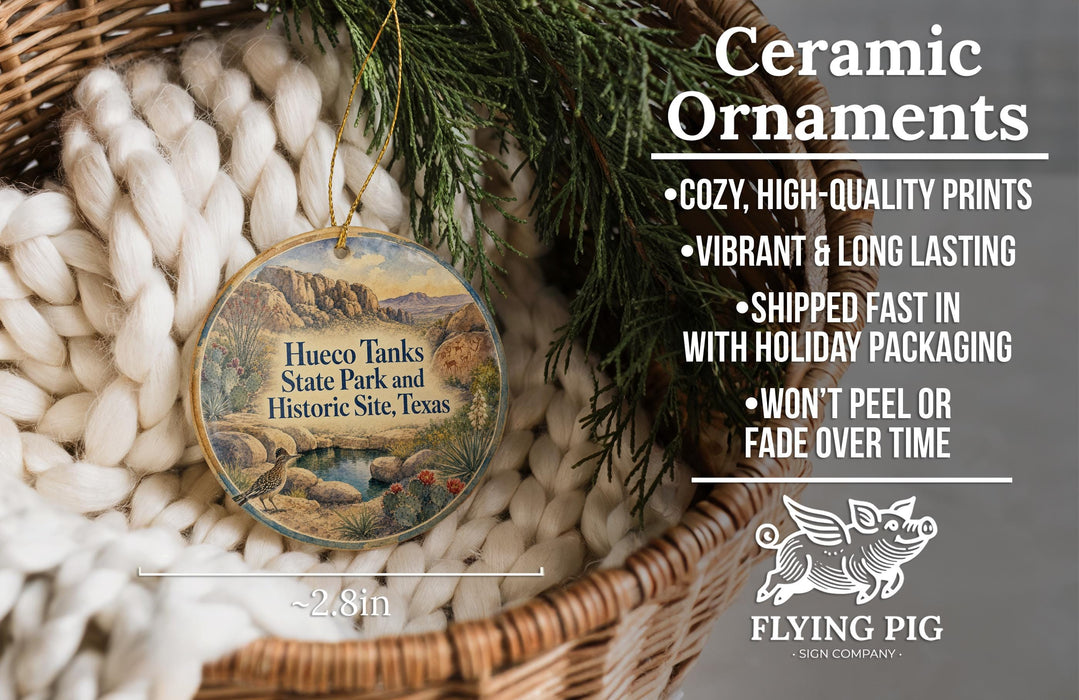 Ceramic ornaments, featuring a design of Hueco Tanks State Park and Historic Site in Texas, are displayed in a woven basket. The text highlights the ornaments as "Cozy, High-quality Prints", "Vibrant & Long Lasting", "Shipped Fast in with Holiday Packaging", and " Won't Peel or Fade Over Time".