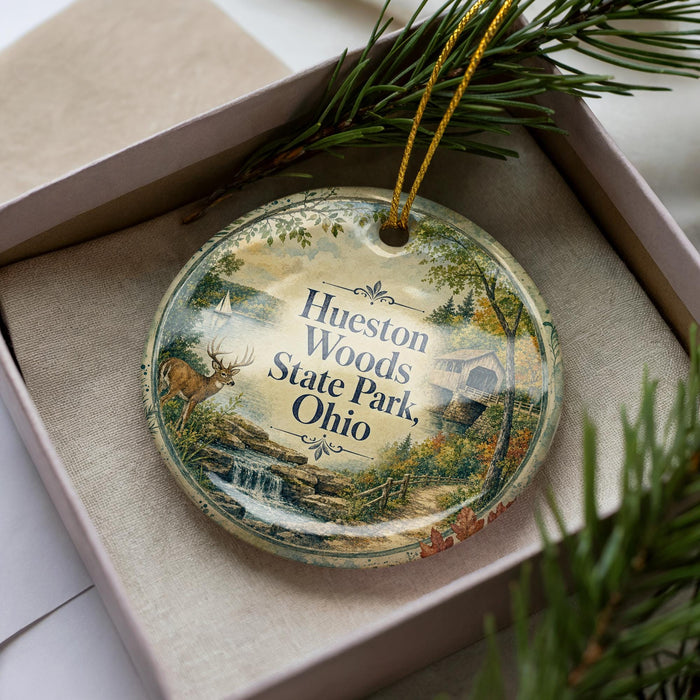A decorative ornament in a box, featuring a scenic landscape with a deer, trees, and a waterfall.