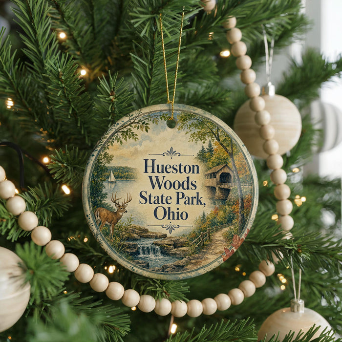 A round ornament hanging on a Christmas tree, featuring a scenic image of Huesston Woods State Park, Ohio.