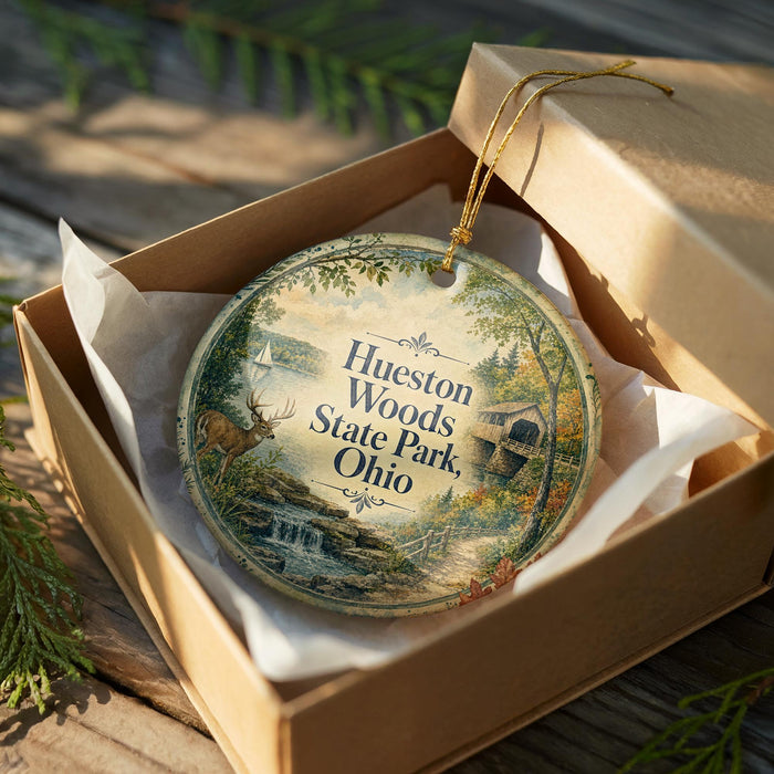 A decorative ornament in a wooden box, featuring a scenic landscape with a deer and a waterfall, with the text "Hueston Woods State Park, Ohio" displayed on the ornament.