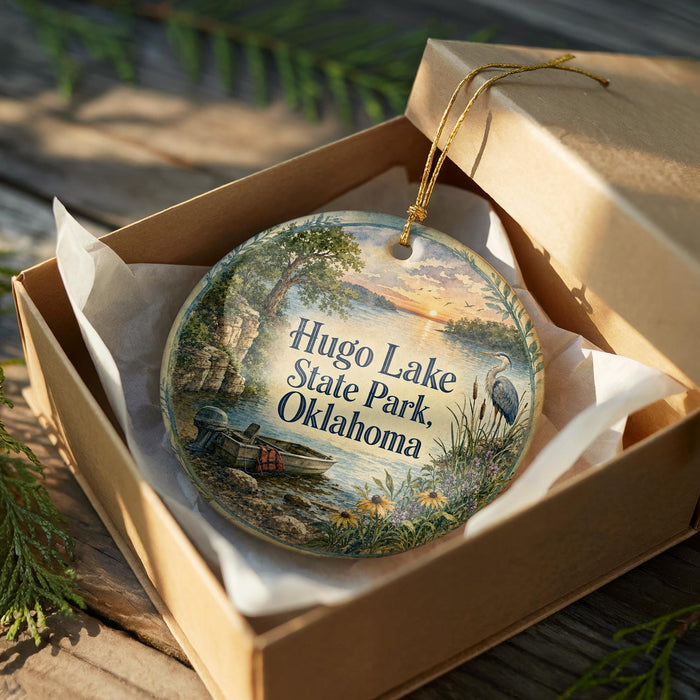 A decorative ornament in a box, featuring a scenic landscape with a lake, trees, and a bird, along with the text "HUGO LAKE STATE PARK, OKLAHOMA".