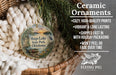 Ceramic ornaments, featuring a scenic image of a lake and park, are displayed in a woven basket.
