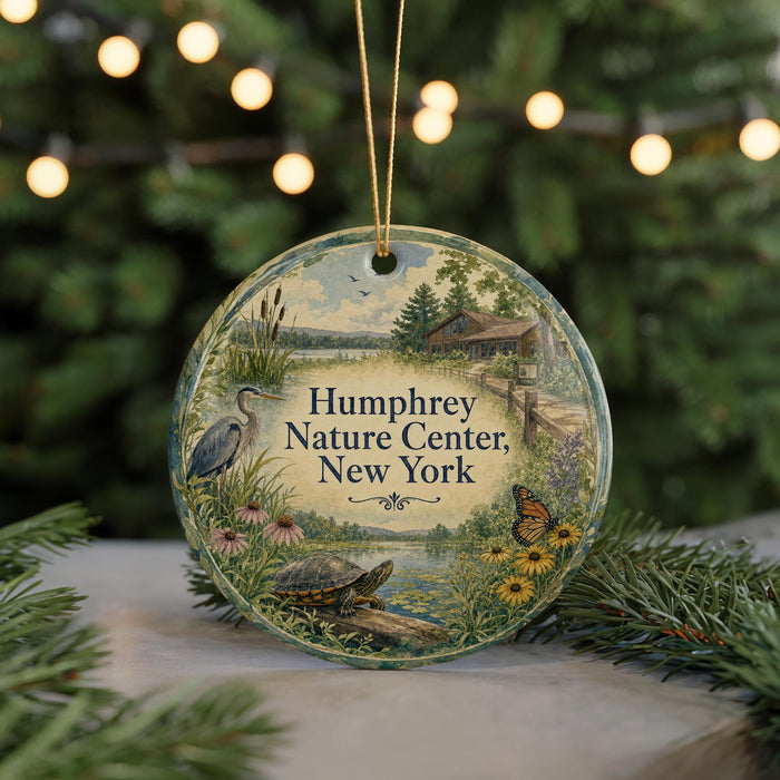 A round ornament with a nature scene and text, hanging on a string.