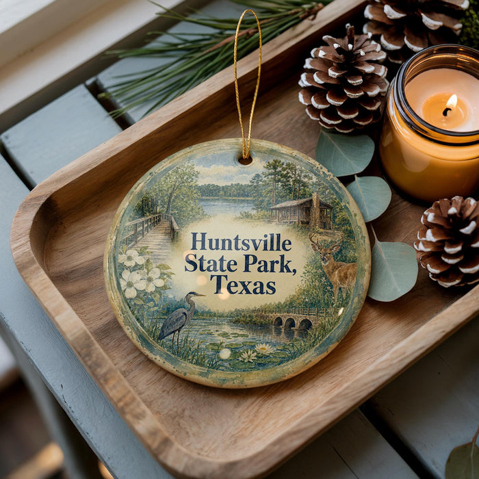 A decorative ornament with a scenic image of a park, featuring a lake, a bridge, and wildlife, is displayed on a wooden tray alongside pine cones and a lit candle.