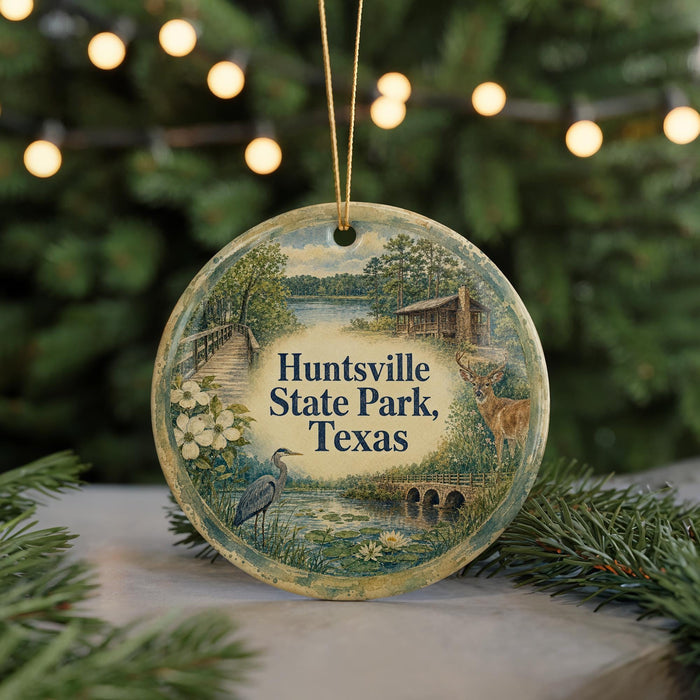 A round ornament with a painting of a park scene, featuring a deer, a bird, and a bridge, hanging from a string.