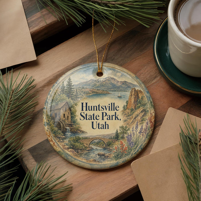 A decorative ornament featuring a scenic landscape of Huntsville State Park, Utah, with a small cabin and a river in the foreground.
