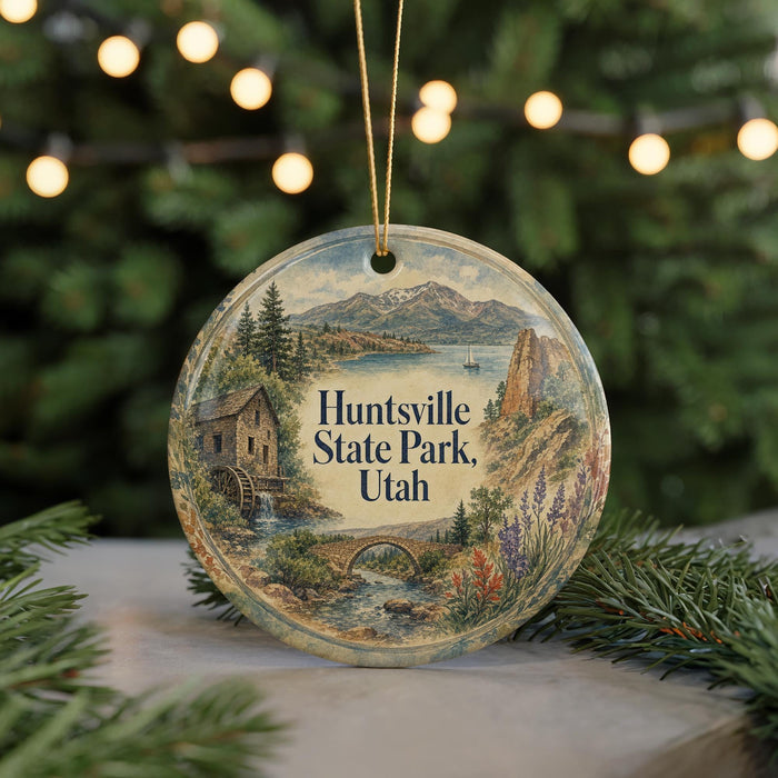 A round ornament with a scenic landscape of Huntsville State Park, Utah, featuring a river, mountains, and a small building.