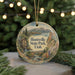 A round ornament with a scenic landscape of Huntsville State Park, Utah, featuring a river, mountains, and a small building.