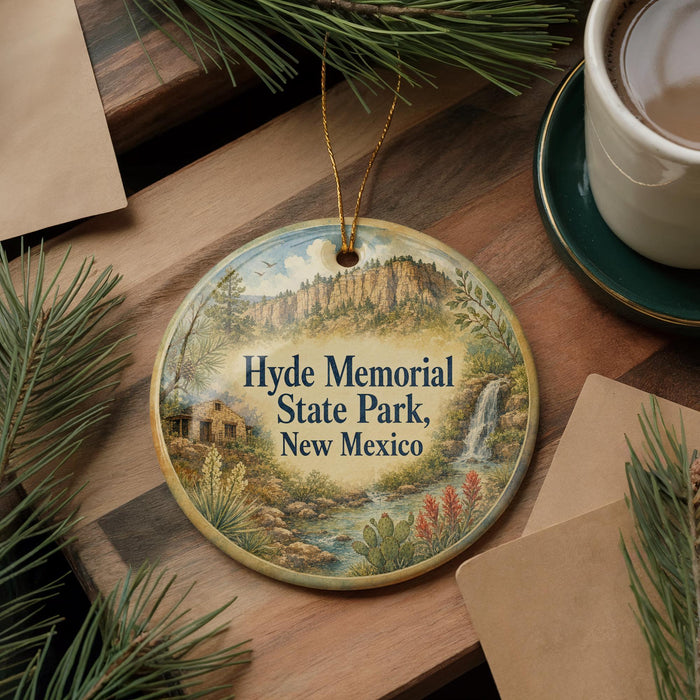 A decorative ornament with a scenic landscape of Hyde Memorial State Park, New Mexico, featuring a waterfall and mountains.