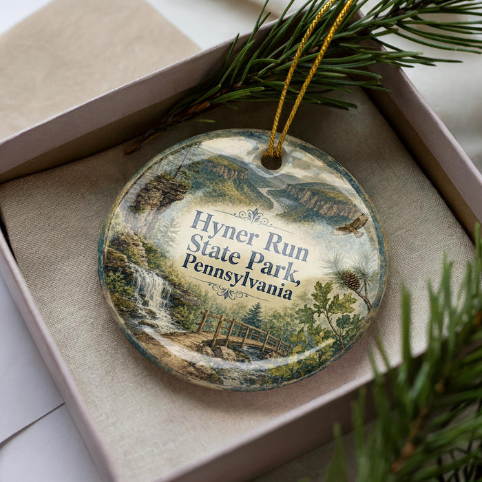A decorative ornament in a box, featuring a scenic landscape with a waterfall, mountains, and pine trees.
