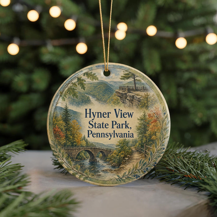 A round ornament with a scenic landscape of Hyner View State Park, Pennsylvania, featuring a bridge, trees, and mountains.