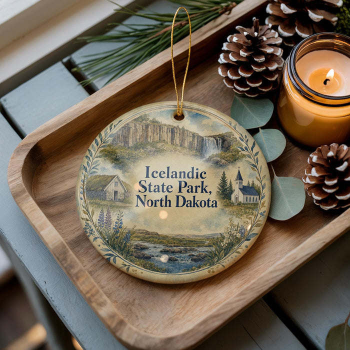 A decorative ornament featuring a scenic landscape of Icelandic State Park, North Dakota, with a candle and pine cones on a wooden tray.