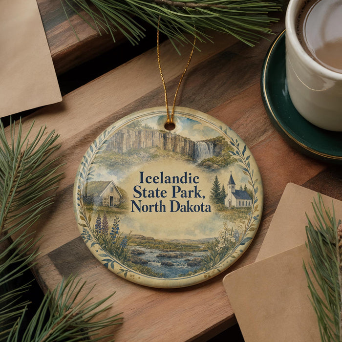 A decorative ornament featuring a scenic landscape of Iceland, including a waterfall and a church, is displayed on a wooden surface alongside a cup of coffee and some pine branches.