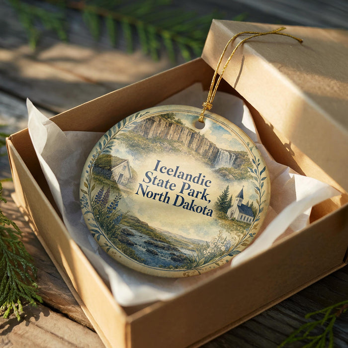 A decorative ornament in a box, featuring a scenic landscape with a castle, trees, and a river.