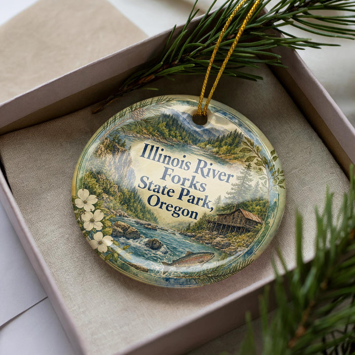 A decorative ornament in a box, featuring a scenic image of the Illinois River and Forks State Park in Oregon.