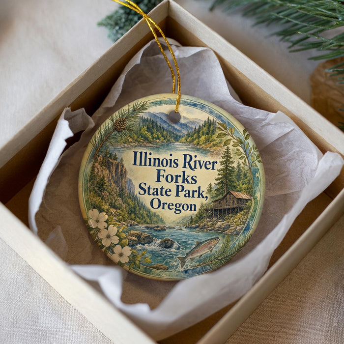 A decorative ornament in a white box, featuring an illustration of Illinois River Forks State Park, Oregon.