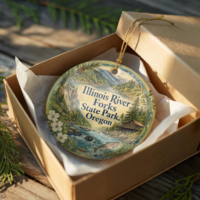 A decorative ornament in a box, featuring a scenic image of the Illinois River, Folsks State Park, and Oregon.