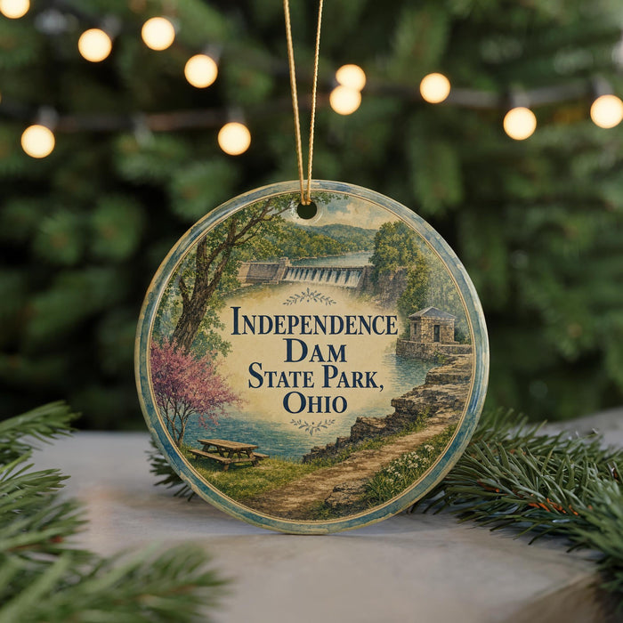 A round ornament with a scenic image of Independence Dam State Park, Ohio, surrounded by greenery and twinkling lights.