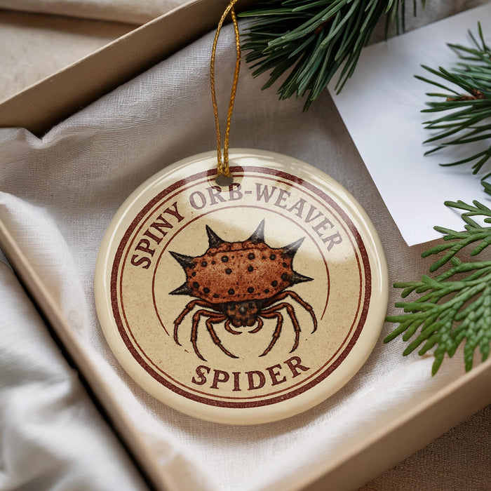 A round ornament with a spider image and the text "SPINY ORB-WEAVER SPIDER" is displayed in a box with pine branches.