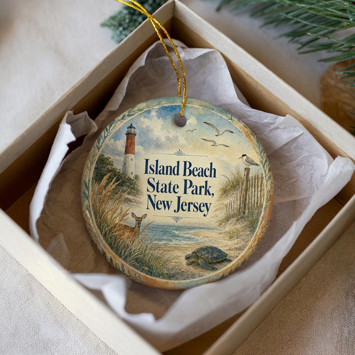 A decorative ornament in a box, featuring a lighthouse, a deer, and a turtle, with the text "Island Beach State Park, New Jersey" printed on it.