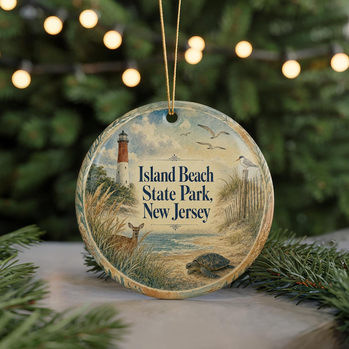 A round ornament with a lighthouse and a deer in a field, surrounded by greenery and a string of lights.