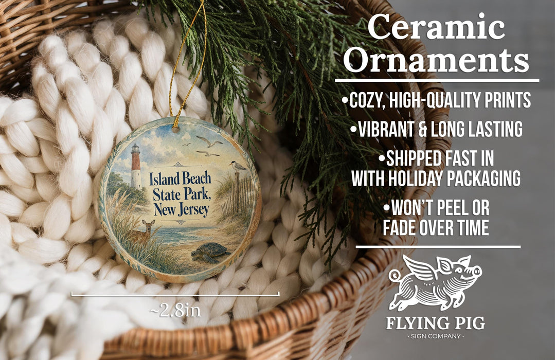 Ceramic ornaments, featuring a lighthouse and beach scene, are displayed in a basket with greenery.
