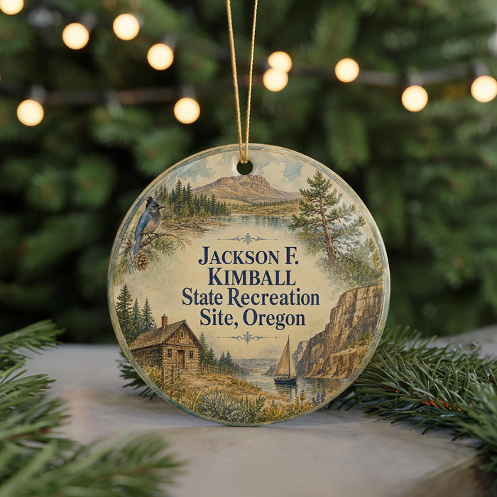 A round ornament with a scenic landscape featuring a cabin, mountains, and a bird, hanging from a string.