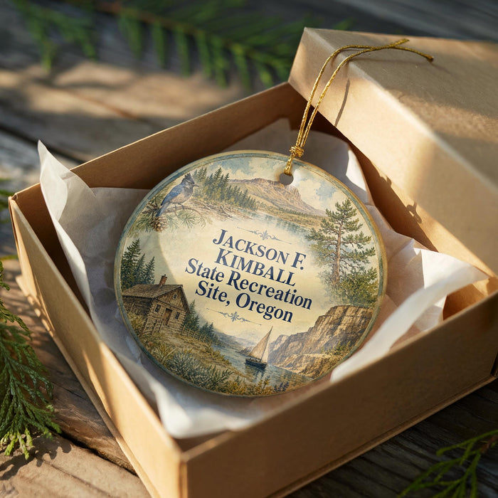 A round ornament in a wooden box, featuring a scenic landscape with a house, trees, and a boat, along with the text "JACKSON F. KIMBALL State Recreation Site, Oregon".
